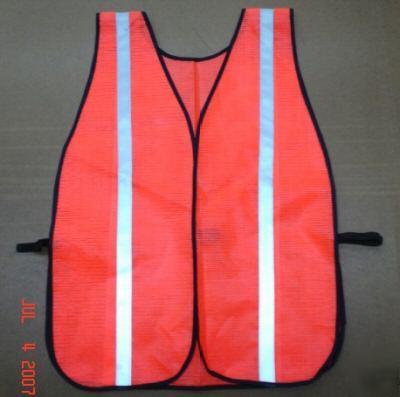 12 safety vests, orange-red mesh w/reflective stripes