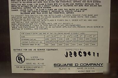 Square d stainless 200 amp fused safety switch H364DS