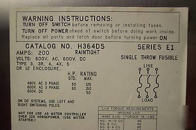Square d stainless 200 amp fused safety switch H364DS