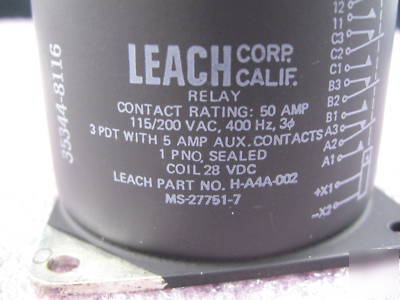 Leach relay 50 amp 400HZ h-A4A-002 electromagnetic 28 v