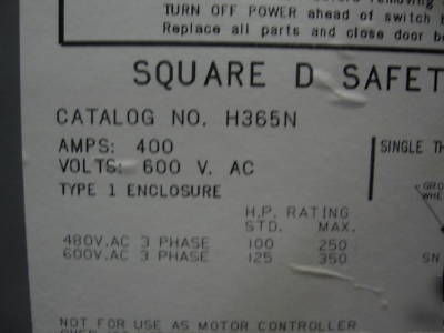 Square d disconnect switch 400 amp 600V H365N
