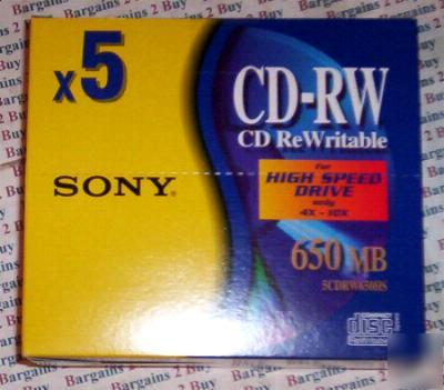 20 sony cd-rw 650MB re-writable discs,4X-10X,jewel- 