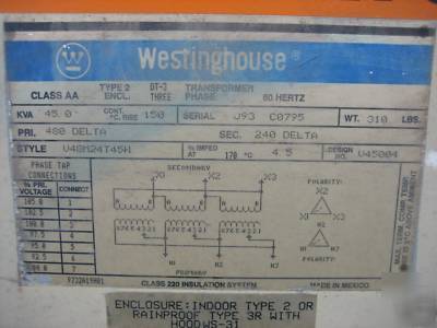 Westinghouse transformer 45KVA 480/240 delta 45 kva 3PH