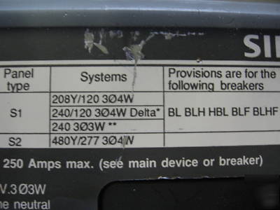 Siemens 250 amp 208V 3P4W main breaker panel indoor 