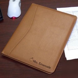 Personalized teacher tan leather business portfolio