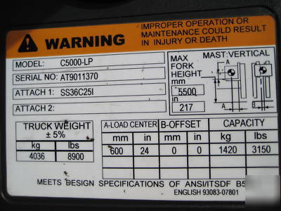 07' cat 5,000# forklift, lp gas, 217