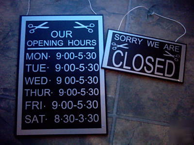 Open-closed+open hours sign,signs, hair salon,silv&blk
