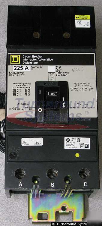 Square d KA362251021 breakers 225 amp, i-line, shunt tr