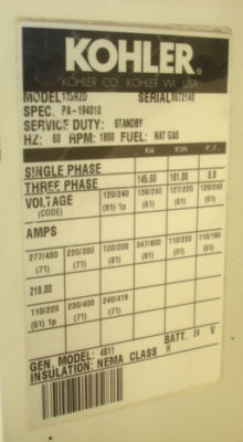 145KW kohler natural gas generator - mfg. yr. 2000