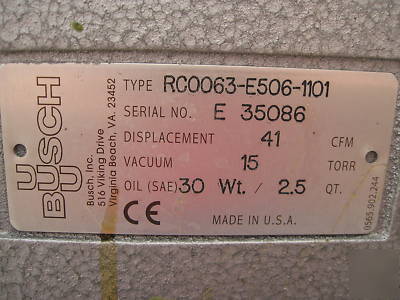 Busch 3 hp vacuum pump 41CFM 3HP RC0063 tested 41 cfm