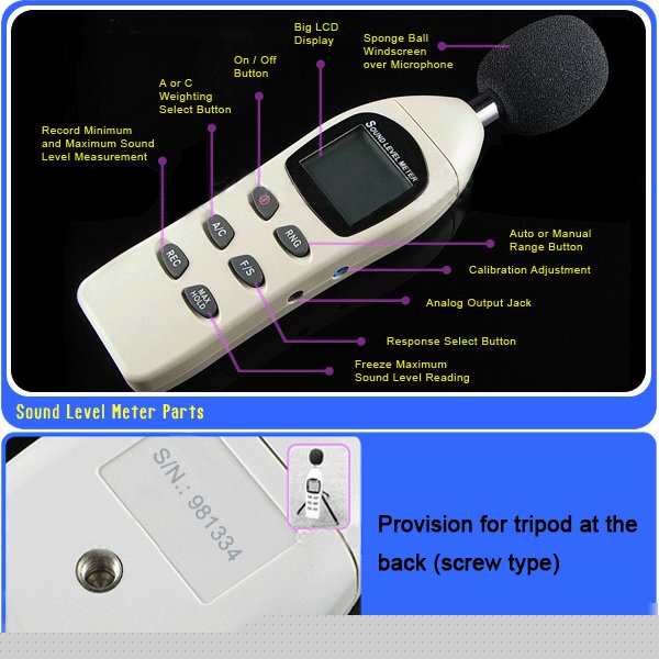 Digital sound level meter, 40-130DB auto/manual ranging