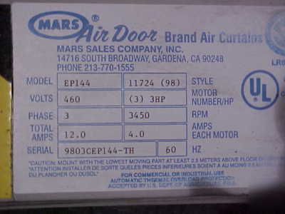 Mars air curtain washdown air door 144